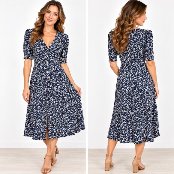 Express Dresses & Skirts - Express Vintage 90s Navy Floral Button Front Midi Shirt Dress Womens Size 10